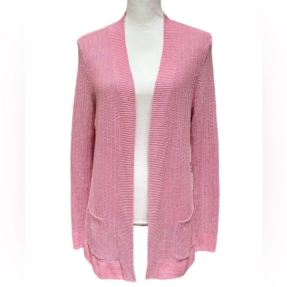 Talbots Linen Open Front Cardigan Sweater Pink Pockets Size Large